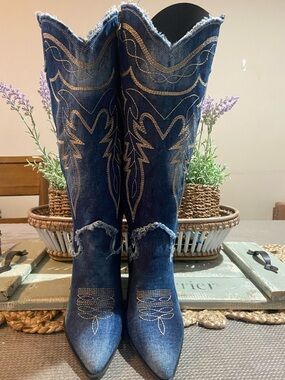 Women’s Dark Blue Embroidered Denim Cowboy Jeans Boots Size 9